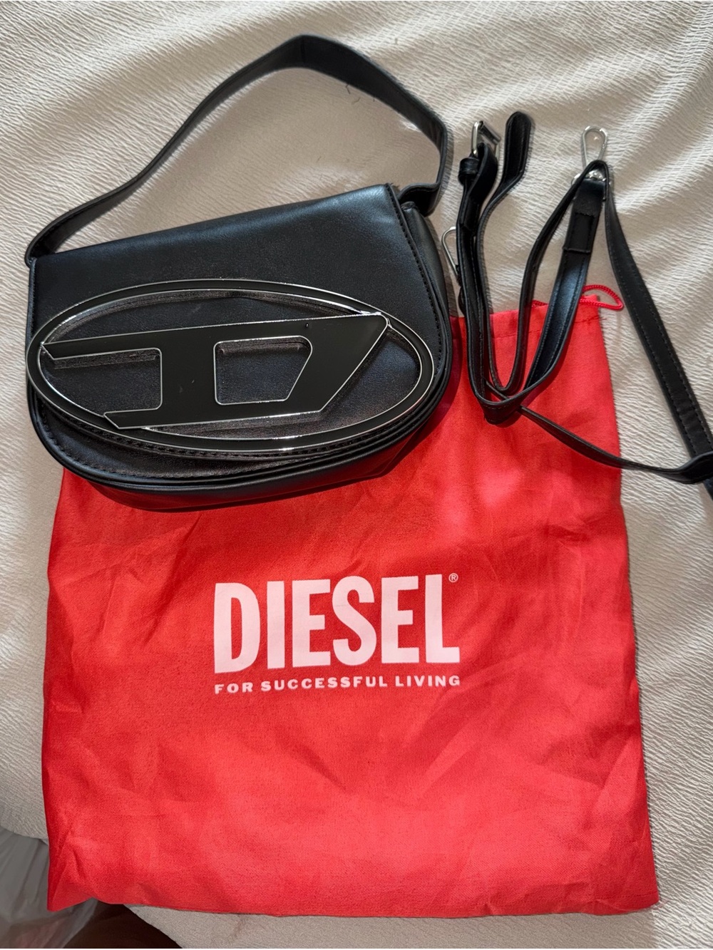 Diesel Black Leather Shoulder Bag with Silver Logo Accent